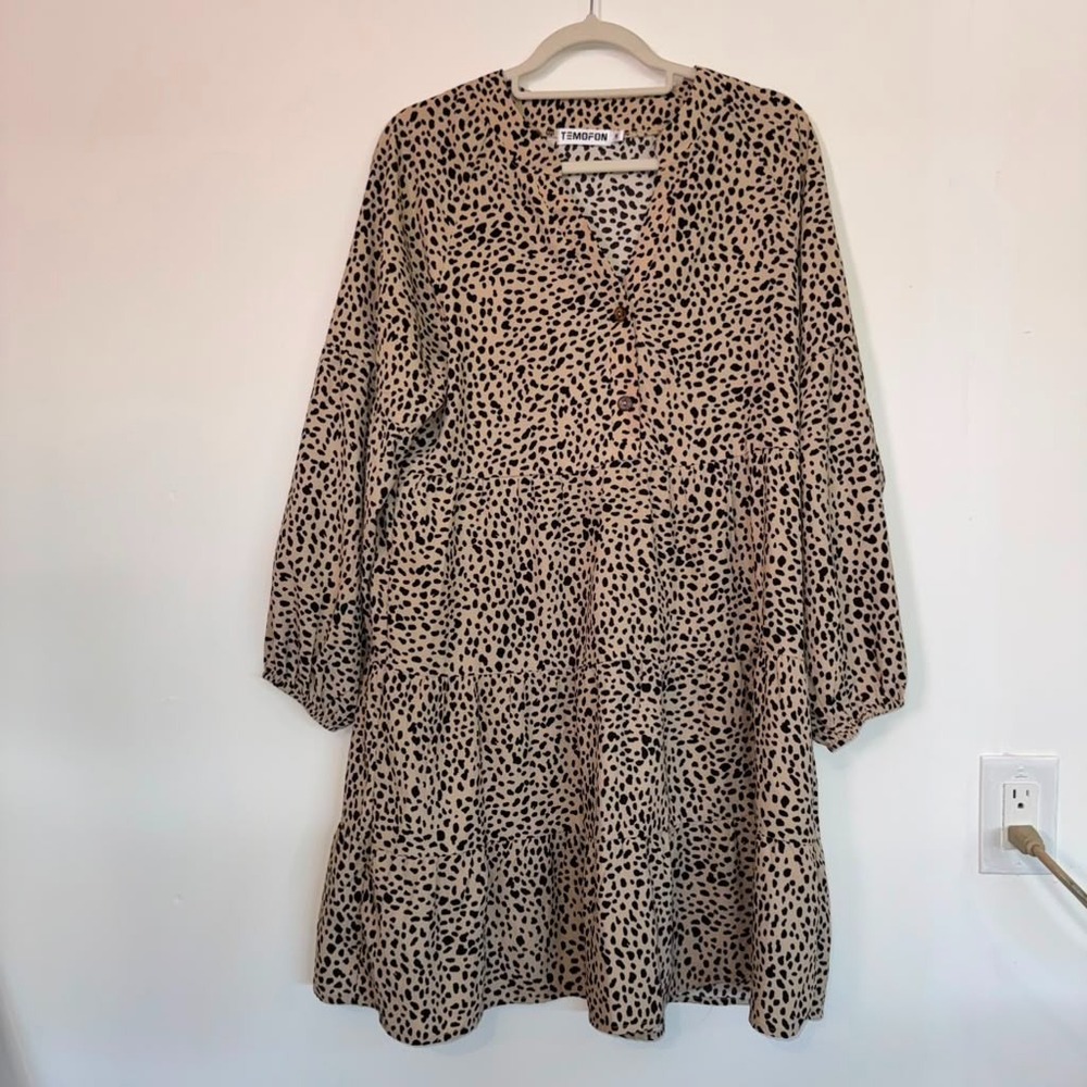 Temofon Women's M Long-Sleeve Leopard Print Tiered Dress Top Button Boho Chic